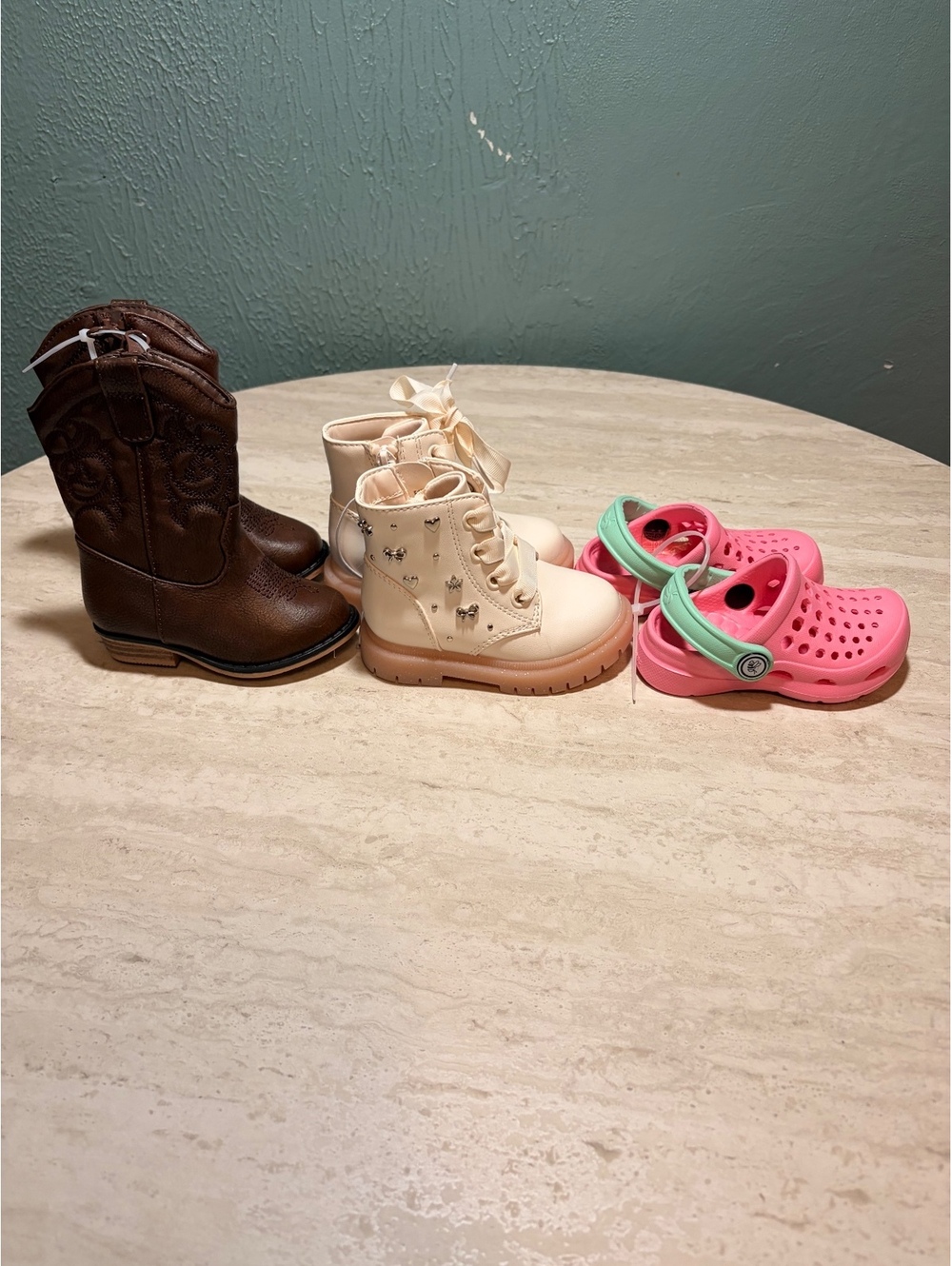 Girls' Brown Cowboy Boots, Cream Lace-Up Boots & Pink Crocs Set Size 5/6